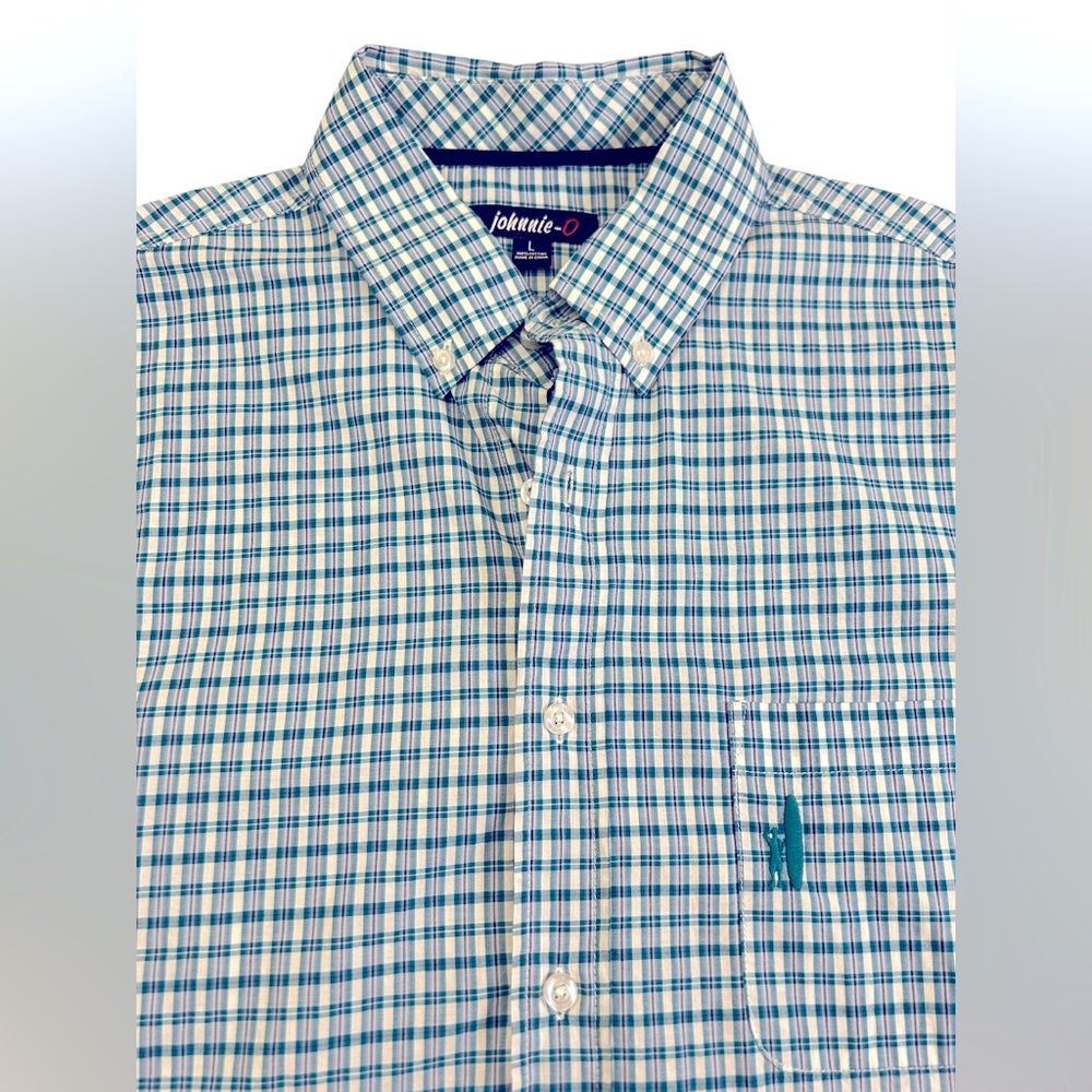 johnnie-O Men's Button Down‎ LS Shirt Teal White Purple Plaid Tweener Button Lrg